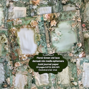 Pages d'écriture de scrapbooking de journal indésirable à breloque florale verte, papier de scrapbooking perles de dentelle antique, techniques mixtes florales Pages d'arrière-plan imprimables