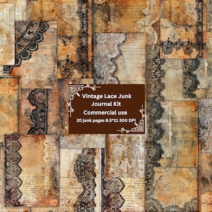 Vintage lace textures with stained paper, collage page in a junk journal, digital paper for decoupage card Junk Journal kit ,Scrapbook Paper