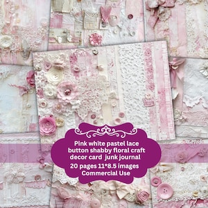 Pink fabric Lace Shabby button white pearls flower junk journal pages scrapbook paper printable pack digital bundle Victorian romance