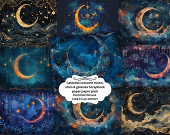May include: A digital scrapbook paper pack featuring nine different designs of crescent moons, stars, and galaxies in shades of blue, gold, and orange. The text "Celestial crescent moon, stars & galaxies Scrapbook paper paper pack Commercial use 11X8.5 inch 300 DPI" is included in the image.