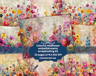 Watercolor colourful Wildflowers Digital Paper Set, Spring Flowers Junk Journal Paper, Printable Spring Meadow, Digital Scrapbooking
