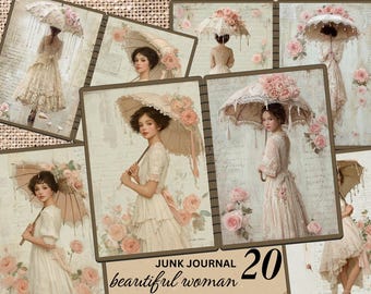 Kit de journal indésirable Lady Parasol victorien, papier imprimable rose romantique, éphémères vintage femme shabby chic, pages de scrapbooking Cottagecore