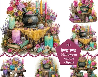 Watercolor Halloween Clipart Bundle: Pink Pumpkin, Gothic Books (Instant Download JPEG & PNG)