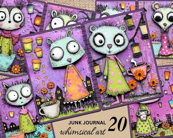 Kit de carnet de bords fantaisiste monstre mignon, papier imprimable effrayant mignon, personnages de dessins animés originaux éphémères, pages de scrapbooking Halloween