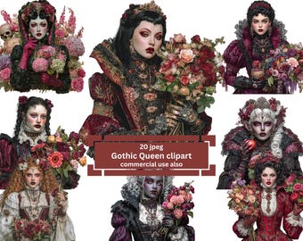 May include: Digital clipart featuring multiple images of gothic queens with elaborate costumes, makeup, and floral bouquets. The images are in shades of red, black, and white, with the text "20 jpeg Gothic Queen clipart commercial use also".