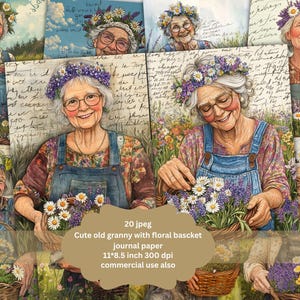 JPEG old lady Woman with Flower Bouquet scrapbooking junk journal Bundle Spring Flower Instant Download Paper Crafts Junk Journal Scrapbook