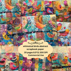 Whimsical Mixed Media Spring Birds Printable Sheets, Colorful Digital Art, Junk Journal Printable Cards Digital Download Commercial Use