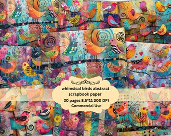 Whimsical Mixed Media Spring Birds Printable Sheets, Colorful Digital Art, Junk Journal Printable Cards Digital Download Commercial Use