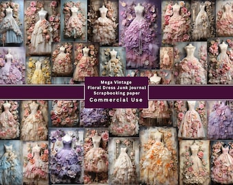 May include: A collage of vintage floral dress designs, perfect for junk journals and scrapbooking. The dresses are in various colors, including pink, purple, and cream, with floral embellishments. The text reads "Mega Vintage Floral Dress Junk journal Scrapbooking paper Commercial Use."