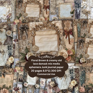 Páginas de diário de sucata com pingente floral Southern Brown, molduras de pérolas de renda antigas, kit de diário de sucata para scrapbook, impressão floral de mídia mista