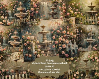 Shabby Fountains floral garden Bundle Fountain Art Commercial Use Instant Download Paper Crafts Junk Journal Scrapbooking