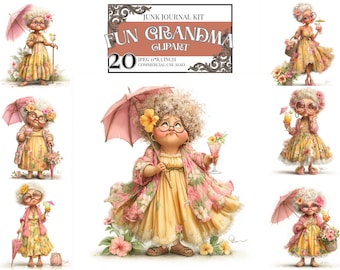 Lot de cliparts originaux de grand-mère | Illustrations florales de grand-mère | Oeuvres d'art de dame fleur marguerite | Graphismes fantaisistes de la vieille dame | Téléchargement JPEG