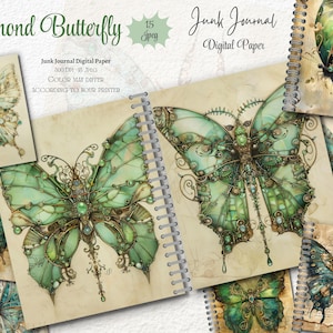 Papillons verts steampunk, pages de journal indésirables, feuilles de collage de papillons originaux, fournitures de scrapbooking imprimables, fabrication de cartes