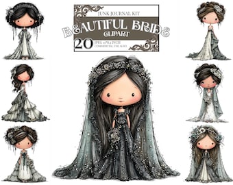 Bundle de cliparts gothique mariée mariage sombre poupée Illustration élégante mariée JPEG vintage mariée graphiques Scrapbook Junk Journal Art