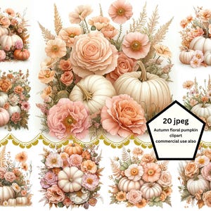 JPEG pastel Orange Fall Clipart, Watercolor high quality, Pumpkins Clip Art, Floral Autumn Leaves Arrangements Thanksgiving Harvest Graphics
