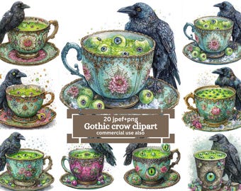 Gothic Raven Clipart Bundle: Coffee, Pumpkin, Jewelry - Junk Journal (PNG Digital Download 8.5x11 inches)