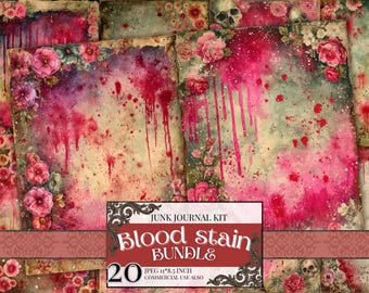 Halloween Blood Splatter Junk Journal Pages, Gothic Floral Digital Paper, Horror Backgrounds, Dark Pink Grunge Printable, JPEG Download