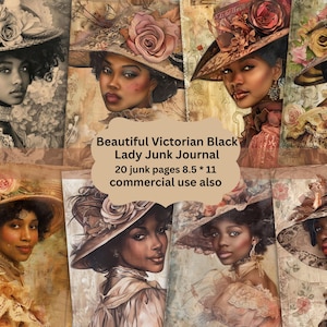Victoria elegant Beautiful Black Woman with hat  floral Ephemera Collage  fashion Junk Journal Collage Scrapbook Printable Pages