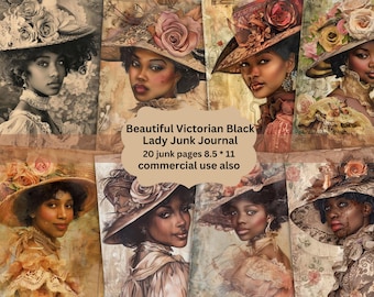 Victoria elegant Beautiful Black Woman with hat  floral Ephemera Collage  fashion Junk Journal Collage Scrapbook Printable Pages
