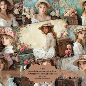 Dame élégante florale rouge Victoria avec chapeau floral aquarelle Clipart femmes belle fille graphiques pour projets de bricolage Scrapbooking PNG