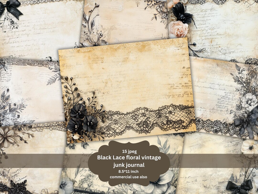 Black Flower Lace Junk Journal Kit Vintage Chic Collage Sheets ...