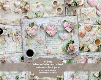 Valentine Junk Journal Seiten, Shabby Chic digitales Papier, romantisches Herz Scrapbook Kit, druckbare Hintergründe, 8.5x11