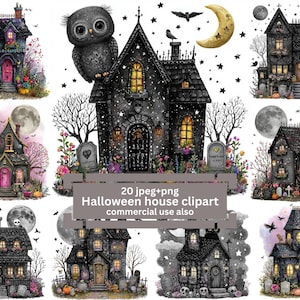 Haunted Halloween house moonlight JPEG&PNG, Gothic Witch House Clipart, Spooky Watercolor Halloween PNG, Ideal for Spooky Decor Crafts