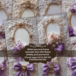 Könnte beinhalten: Ovale Rahmen aus weißer Spitze mit lavendelfarbenen Schleifen und Blumenakzenten. Die Rahmen sind Teil eines Shabby-Junk-Journal-Kits. Das Bild enthält Text: "White lace oval frame lavender bow with flower shabby junk journal kit 20 junk pages 8.5*11 300 DPI Commercial Use."
