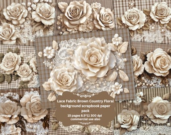 Brown Roses on Lace Junk Journal Pages, Vintage Distressed  Digital Paper, Antique French Wedding Printable Scrapbook Background Kit