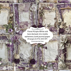 Shabby paars witte bloemen charme ongewenste dagboek plakboek schrijven pagina's, antieke kant parels plakboek, mixed media bloemen afdrukbaar
