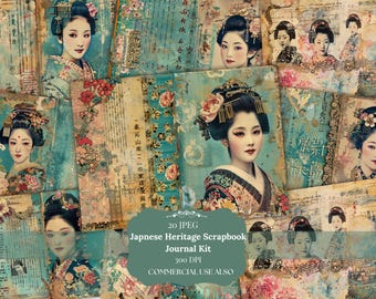 Vintage Asian old Japan Junk Journal Kit, Journal Ephemera, Printable Pages with Tags, Fussy Cuts, Bookmark, Digital Paper, Scrapbook Supply