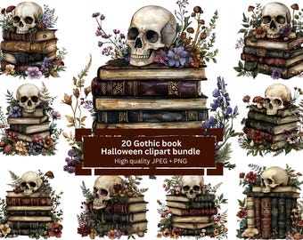 Watercolor Halloween Clipart Bundle: Gothic Books, Skull, Pumpkin (PNG & JPG)