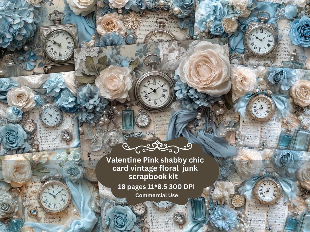 Blue Shabby Chic Floral Junk Journal Kit, Vintage Clock Printable Pages ...