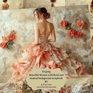 Papeles digitales con hermosos vestidos de mujer elegantes, páginas de diario basura con flores para mujer bonita, descarga digital, tarjeta ATC, diario basura