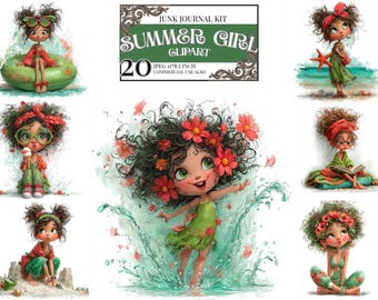 Lot de cliparts fille d'été | Jolie fille esthétique avec boisson JPEG | Kit de journal indésirable | Pack d'illustrations kawaii | Art imprimable Scrapbooking