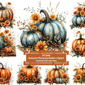 JPEG Floral Pumpkin Watercolor Clipart, Fall Pumpkin Bouquet, High Quality, Instant Download, Autumn Printable Clipart for Crafts and Decor