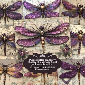 Purple glitter Dragonflies Junk Journal Kit, Vintage Journal Papers, Dragonfly Junk Journal Printable, Vintage Junk Journal Digi Kit