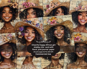African American cheerful happy lady floral Junk Journal Pages Digital Scrapbook Paper Kit Vintage Ephemera Printable Paper Collage African