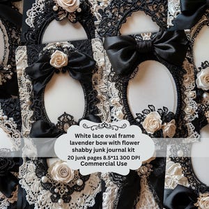 May include: An assortment of white lace oval frames with black lace edging, bows, and cream roses. These frames are part of a shabby junk journal kit. The image includes text that reads "White lace oval frame lavender bow with flower shabby junk journal kit".
