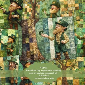 Może przedstawiać: Zestaw do scrapbookingu cyfrowego z 20 obrazkami przedstawiającymi skrzata stojącego obok dębu. Zestaw ma rozmiar 8,5 cala na 11 cali i jest przeznaczony do użytku komercyjnego.