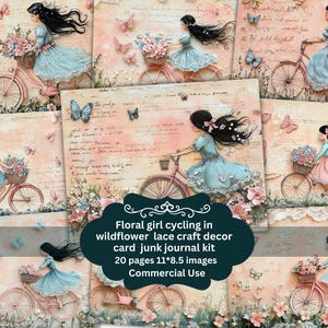 Girl cycling in floral field shabby junk journal Clipart Bundle Watercolor Commercial Use Instant Download Paper Craft Junk Journal