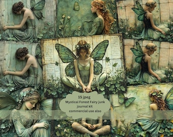 Printable Fairy, vintage green Junk Journal Kit, Green Fairy Journal Pages,Forest Fairy, Digital PDF Download,commercial use