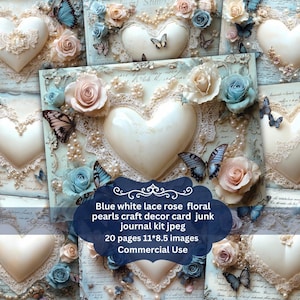 Blue  butterfly heart scrapbook Junk Journal card | Printable Kit | Elegant Pink Lace Pearls butterfly Hearts | Shabby Chic card