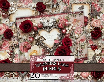 Valentine Blumen Herz Scrapbooking Junk Journal Kit, Digital Papier, Craft Collage Sheet für romantische Liebe, Journal Seiten, Printable Digital