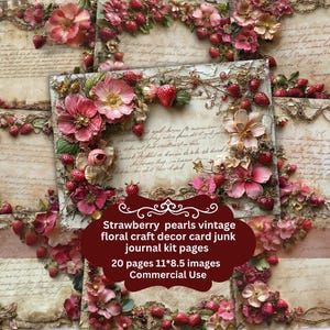 Erdbeer florale Spitze Junk Journal Printable, Erdbeer Junk Journal Kit, Scrapbook Papier, Digital Collage Sheet, Frühling, Instant