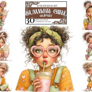 Może przedstawiać: Zestaw cyfrowych clipartów zatytułowany "Summer Girl Clipart" z ilustracjami dziewcząt z lodami i napojami. Obrazy przedstawiają dziewczyny w okularach w kształcie serca i opaskach na głowę, w różnych pozach. Zestaw zawiera 30 obrazów JPEG, 27,9 x 21,6 cm.