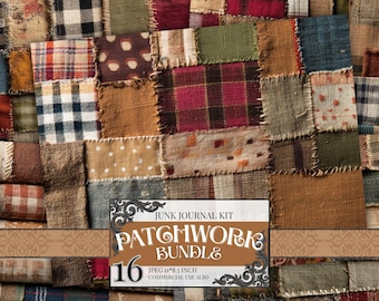 Könnte beinhalten: Eine digitale Patchwork-Stoffcollage mit verschiedenen Texturen und Mustern in Erdtönen, darunter Karos, Punkte und einfarbige Webarten. Ein rechteckiges Etikett zeigt den Text JUNK JOURNAL KIT PATCHWORK BUNDLE 16 JPEG 11*8.5 INCH.