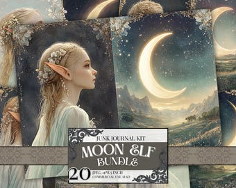 Kit de journal indésirable elfe lunaire, papier imprimable Celestial Fantasy, éphémères éphémères déesse croissant de lune, art éthéré femme elfe, album magique
