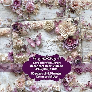 Lila weißes Dekor Pastel Blumen Junk Journal Karte zum ausdrucken, Blumen und Spitze Vintage Dekor Hochzeit Journal Karte Seiten, Blumen Dekor Karte