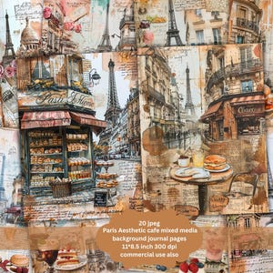 Vintage cute Paris Cafe Junk Journal, Printable Background Papers, Cafe Junk Journal Pages, Ephemera Digital Scrapbook Paper Collage Journal